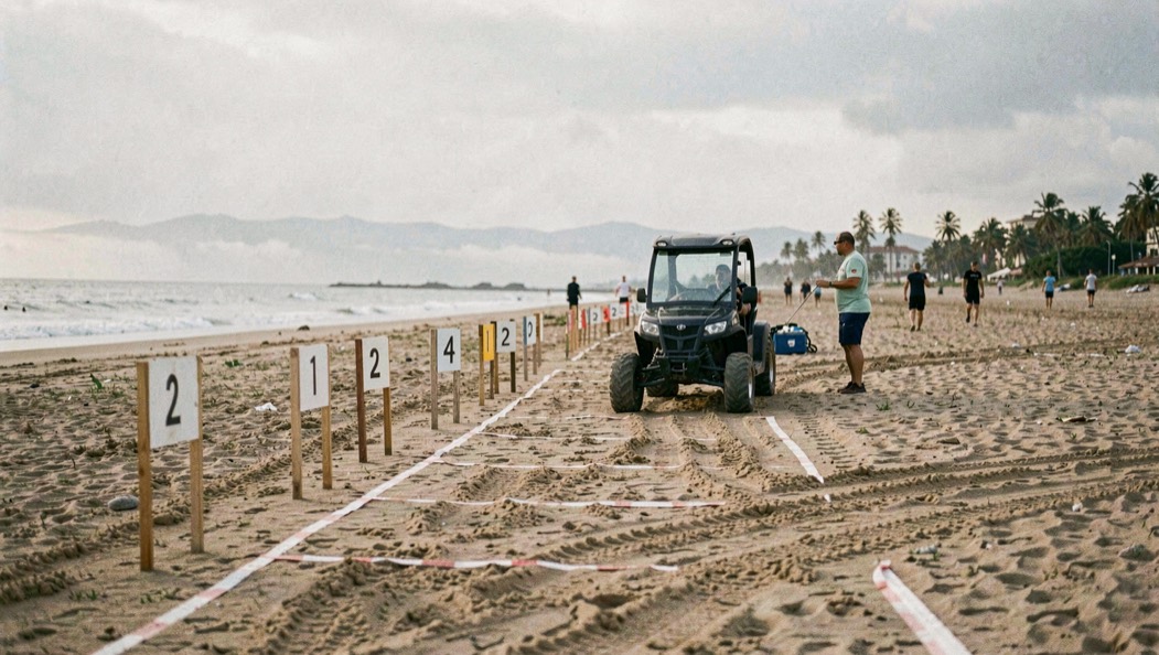 Un chariot de classe 8 posé sur le sable sec d une plage du nord de la France en fin d après-midi, cerf-volant affaissé au sol derrière lui, lumière.