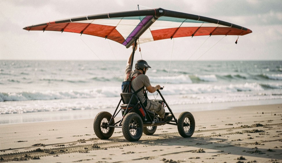 Une table de camping en bois posée sur le sable au crépuscule, un jeu de cartes étalé à côté d un casque de kite buggy et d une voile repliée,.